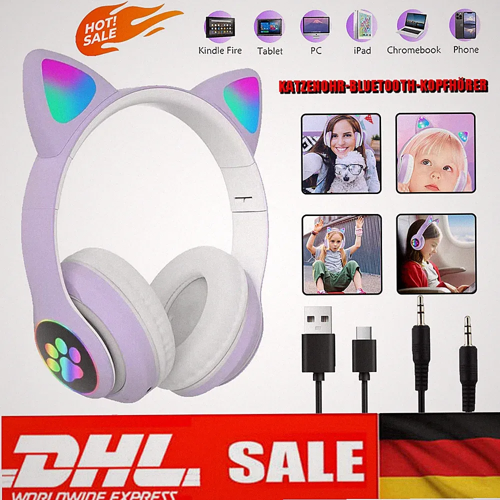 Kabellos Kopfhörer Kinder Bluetooth 5.0 Katze Ohr LED-Licht für Mädchen DE