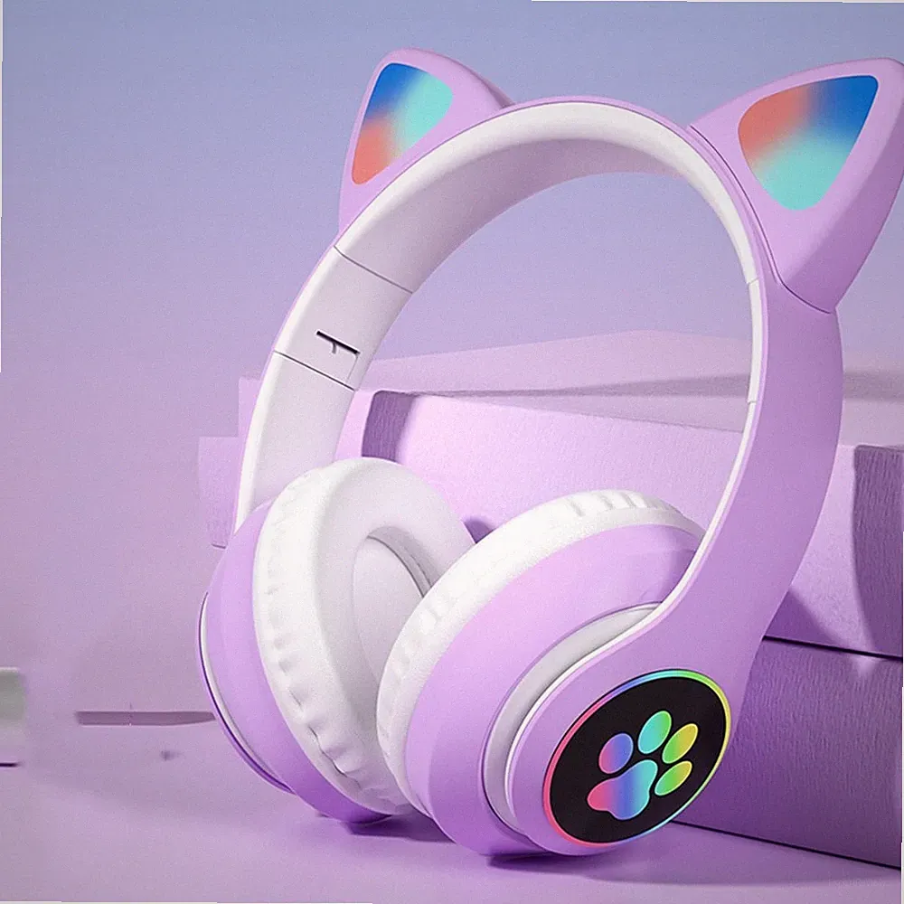 Kabellos Kopfhörer Kinder Bluetooth 5.0 Katze Ohr LED-Licht für Mädchen DE