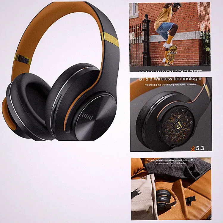 Kabellose Bluetooth Kopfhörer Over Ear Schwarz-Braun mit App-Steuerung, 90 Std.