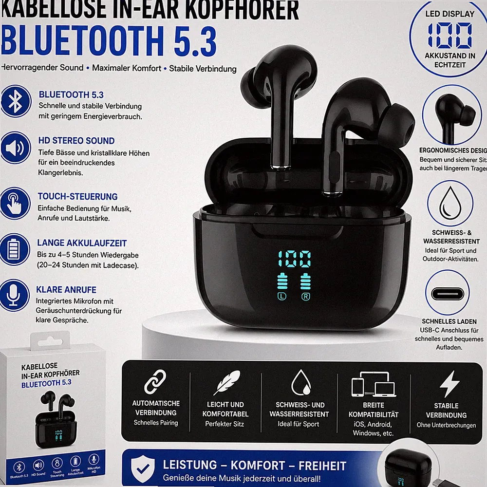 Kabellose In-Ear Kopfhörer Bluetooth 5.3 mit LED Display, Touch-Steuerung, USB-C