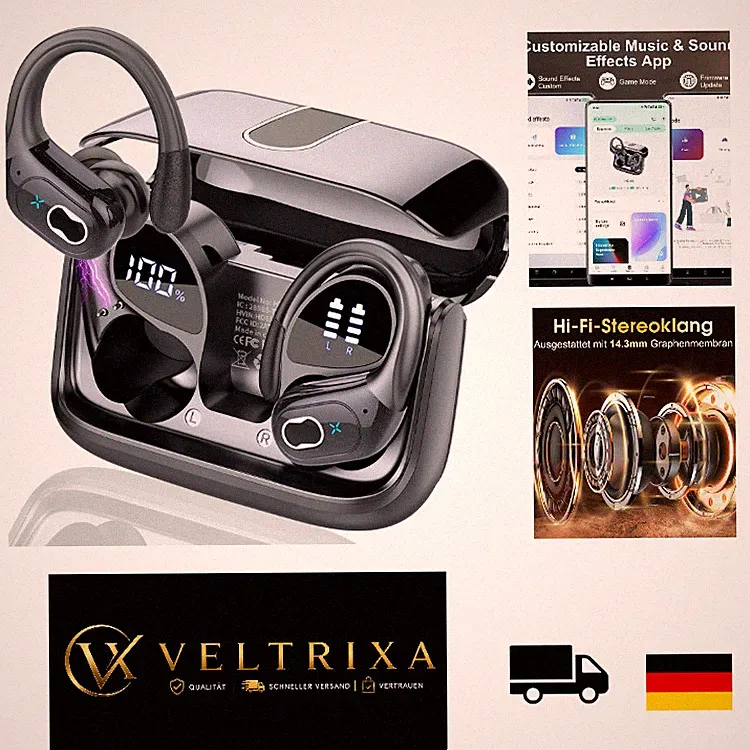 Kabellose In Ear Kopfhörer Sport Schwarz, Bluetooth 5.4, ENC Mikrofon, 75 Std