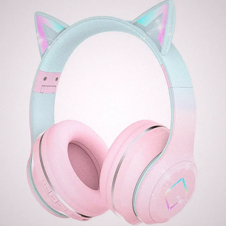 Kabellose Katzenohren Bluetooth Kopfhörer für Kinder, Mikrofon, Rosa, 40mm, LED