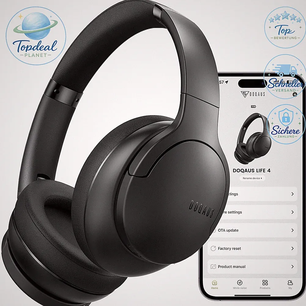 Kabellose Kopfhörer Bluetooth 6.0 mit APP-Steuerung Schwarz für Musik und Sport