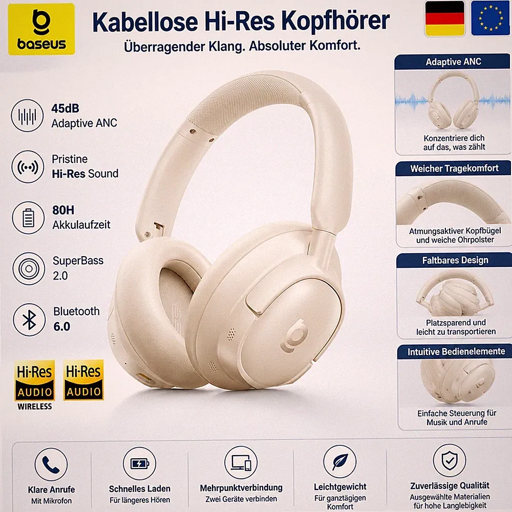 Kabellose Kopfhörer Bluetooth 6.0 Over-Ear Geräuschunterdrückung Schwarz