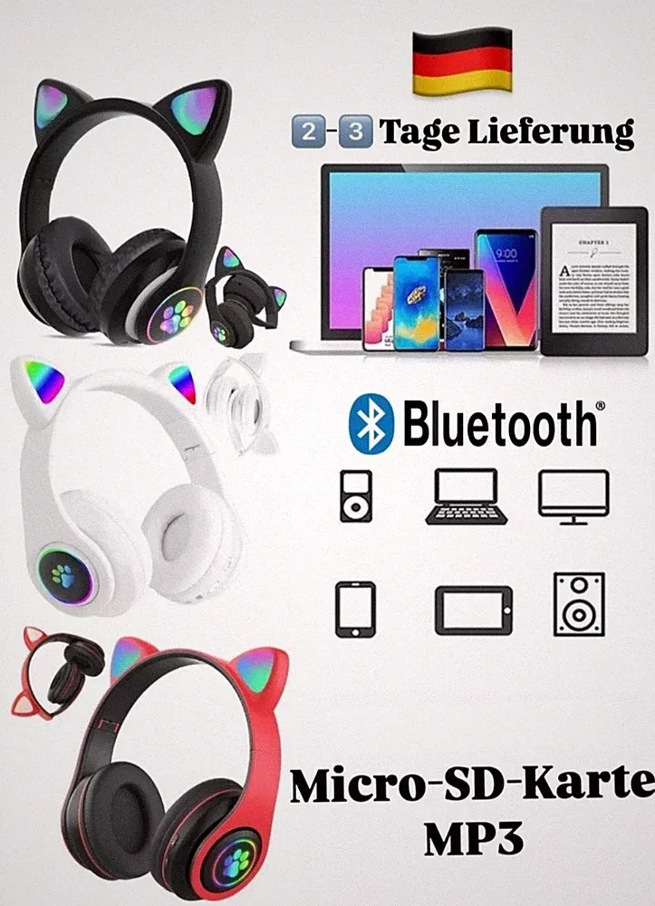 KABELLOSE KOPFHÖRER BLUETOOTH RADIO FM MP3-WMA Micro-SD-Karte KATZENOHREN LED