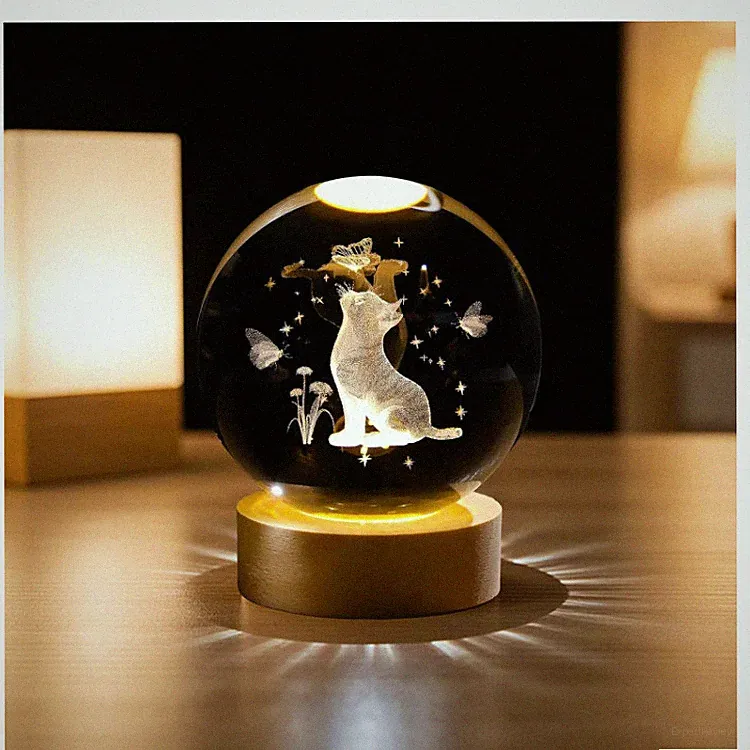 Katzen Kristallkugel Nachtlicht mit Holzsockel, 6 cm, LED, Geschenk für Kinder