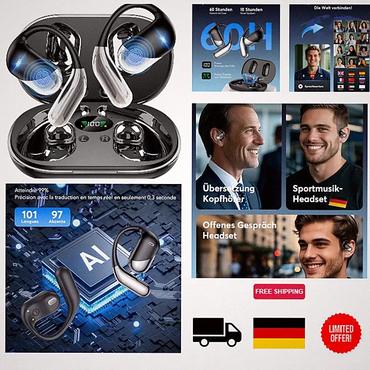 KI Übersetzer Kopfhörer 3-in-1 198 Sprachen Klassisches Schwarz mit Ladecase