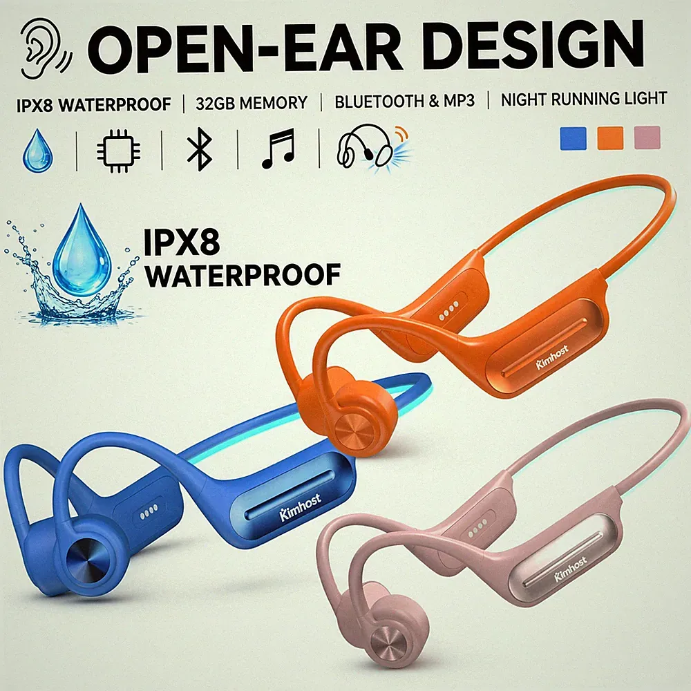 Kimhost Knochenleitungskopfhörer Bluetooth 32GB MP3 IP68 Wasserdichte Earbuds