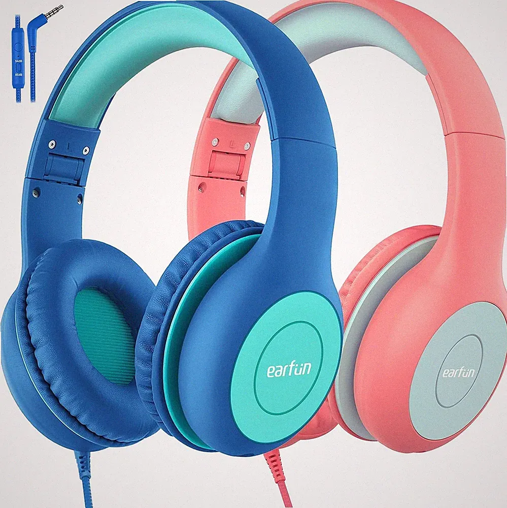 Kinder Kopfhörer 3,5 mm Kabel Lautstärkebegrenzung 85 94 dB Blau Rosa 2er Set