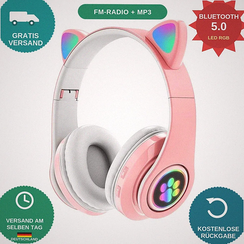 Kinder Kopfhörer Bluetooth 5.0 Katzenohren LED Over-Ear MP3 FM Pink ZS7F