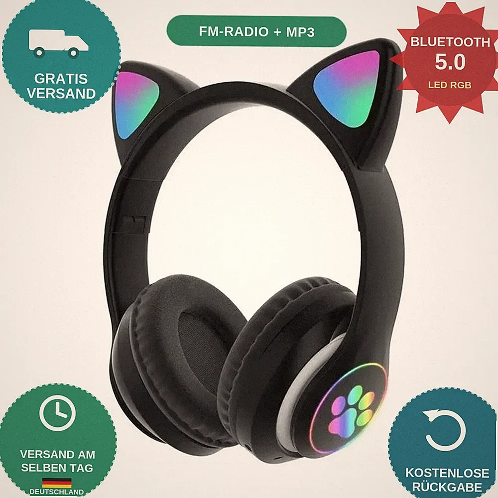 Kinder Kopfhörer Bluetooth 5.0 Katzenohren LED Over-Ear MP3 FM Schwarz ZS7F
