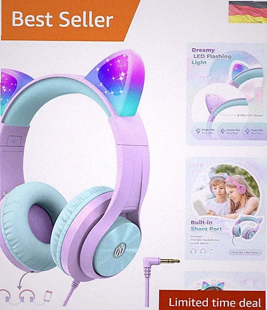 Kinder Kopfhörer, Katzenohr-LED-Leuchte Over-Ear mit 85dBA Lautstärkebegrenzu...