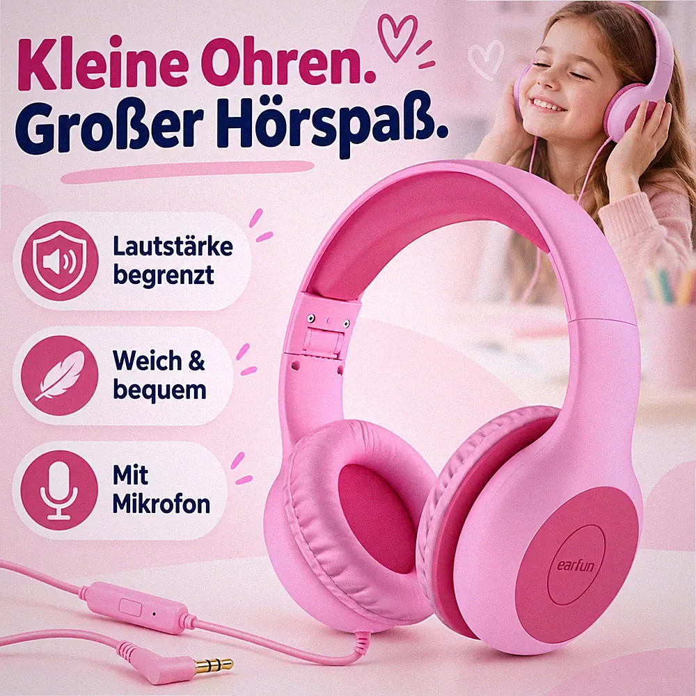 Kinder Kopfhörer mit Klinke 3 5 mm Lautstärkebegrenzung Rosé pink 1 Stück, 40 mm