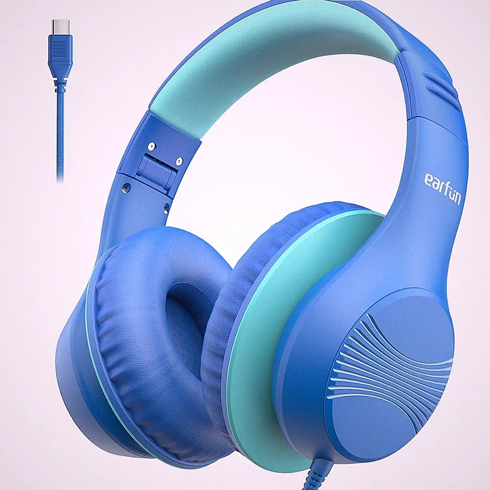 Kinder Kopfhörer Over Ear USB C Lautstärkebegrenzung 85dB Faltbar Blau, Hi-Fi