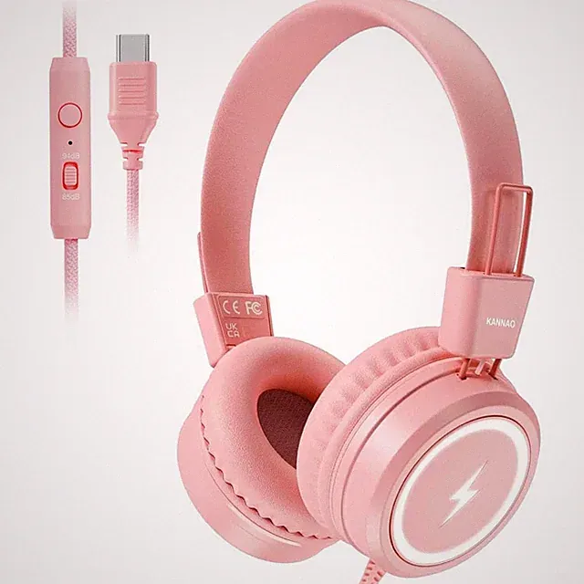 Kinder Kopfhörer USB C Lautstärkebegrenzung 85 dB Mikrofon LED Rosa faltbar