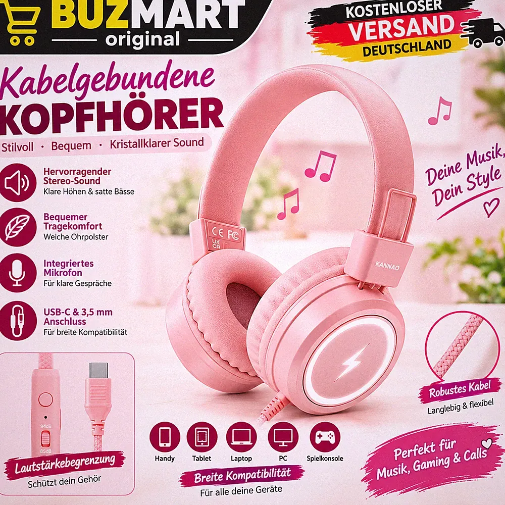 Kinder Kopfhörer USB-C mit LED, 85/94dB Lautstärkebegrenzer, Faltbar mit Mikrofo