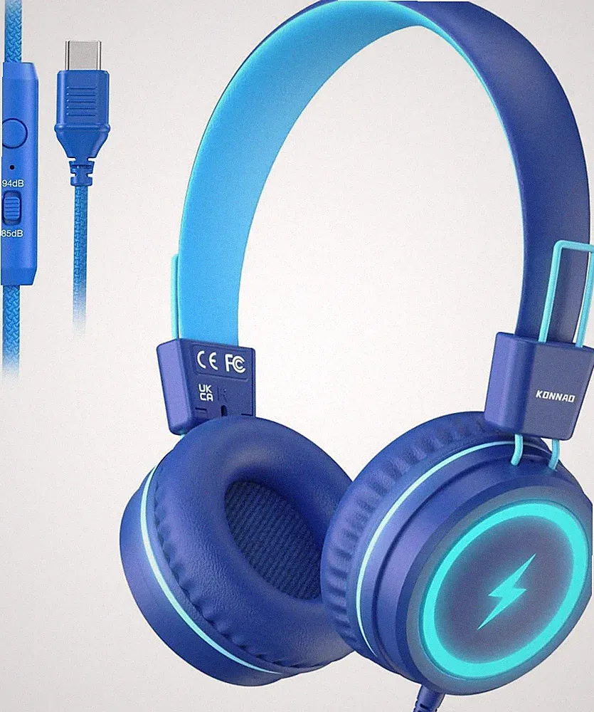 Kinder Kopfhörer USB C mit LED Leuchten 85dB faltbar Mikrofon On Ear Headset