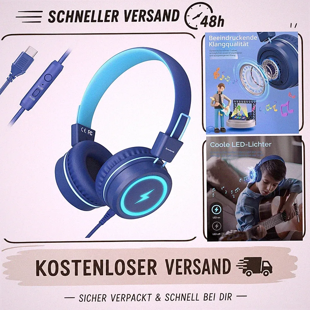 Kinder-Kopfhörer USB-C On-Ear Blau LED Mikrofon Lautstärkebegrenzung