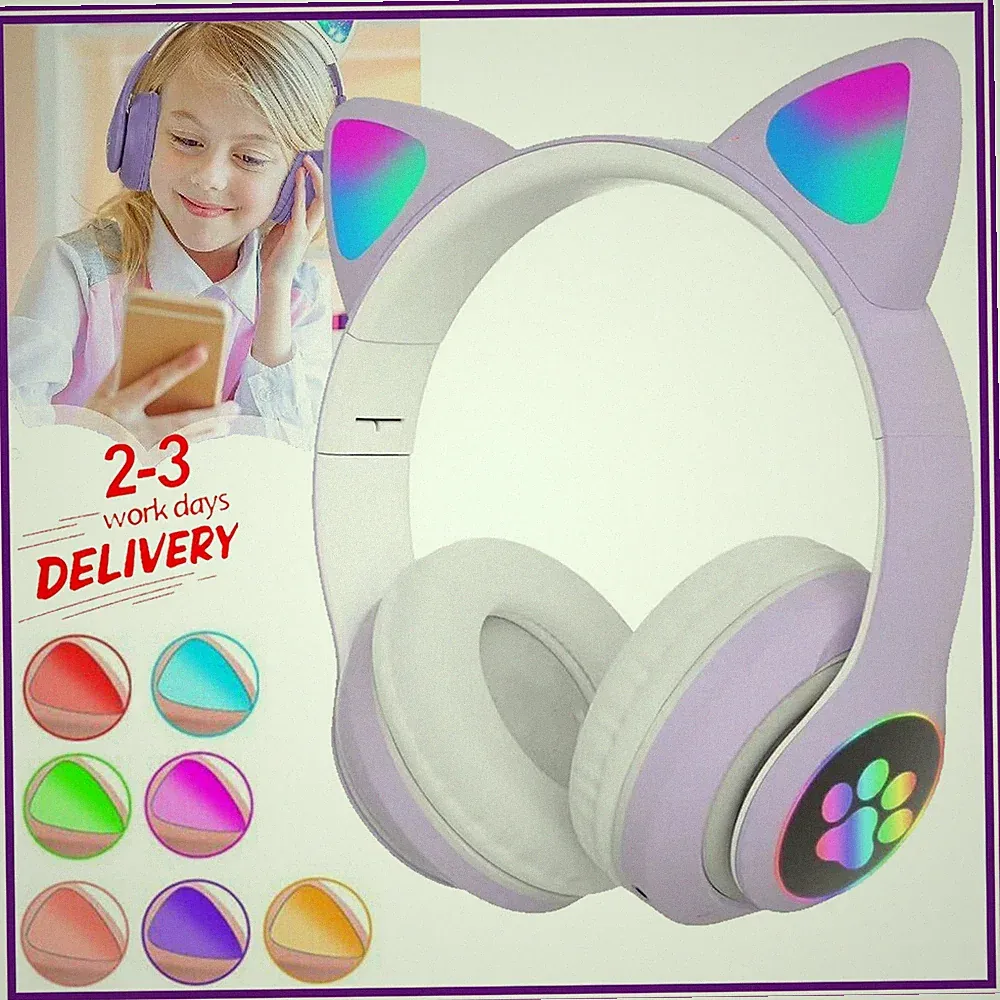Kinderkopfhörer Bluetooth 5,0 Katzenohren LED faltbar Headset mit Mikrofon lila