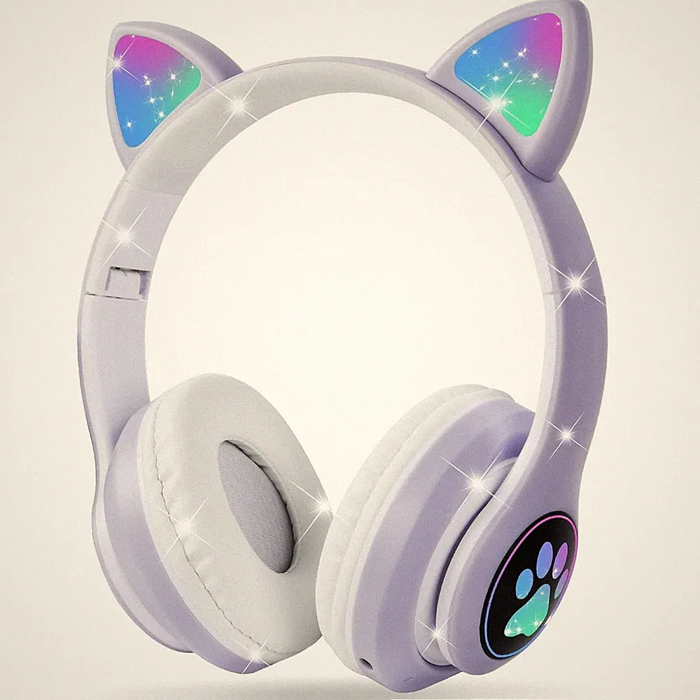 Kinderkopfhörer Bluetooth Katzenohr faltbar mit Mikrofon LED-Licht