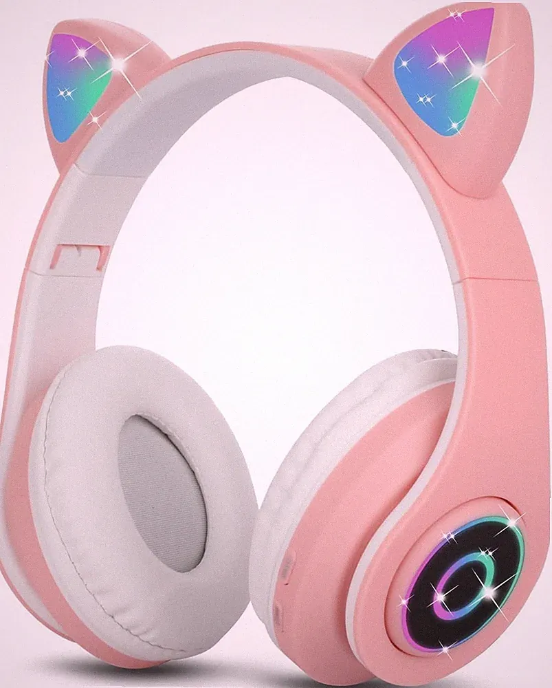 Kinderkopfhörer Bluetooth Rosa LED Katzenohren Faltbar Kabellos Over Ear