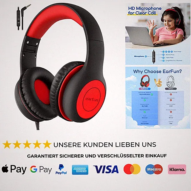 Kinderkopfhörer Faltbar 3,5mm Mic Audio Sharing Schwarz Rot