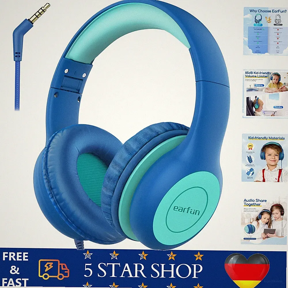 Kinderkopfhörer mit Kabel Blau und Grün 85dB Lautstärkebegrenzer für Schule