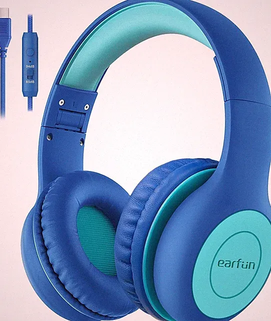 Kinderkopfhörer Over Ear USB C faltbar Lautstärkebegrenzung Mikrofon Blau Grün