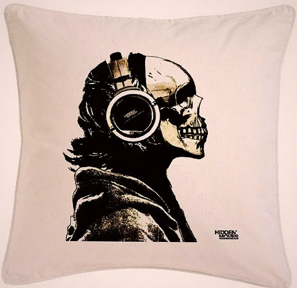 KISSENBEZUG 40X40cm SKULL MIT KOPFHÖRER BIKER CHOPPER FANTASY GOTHI MIKROFASER
