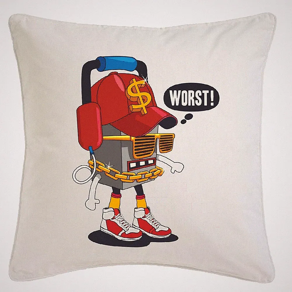 KISSENBEZUG 40X40cm WORST ROBOTER MIT KOPFHÖRER UND COOLER SONNENBRILLE SCHUH