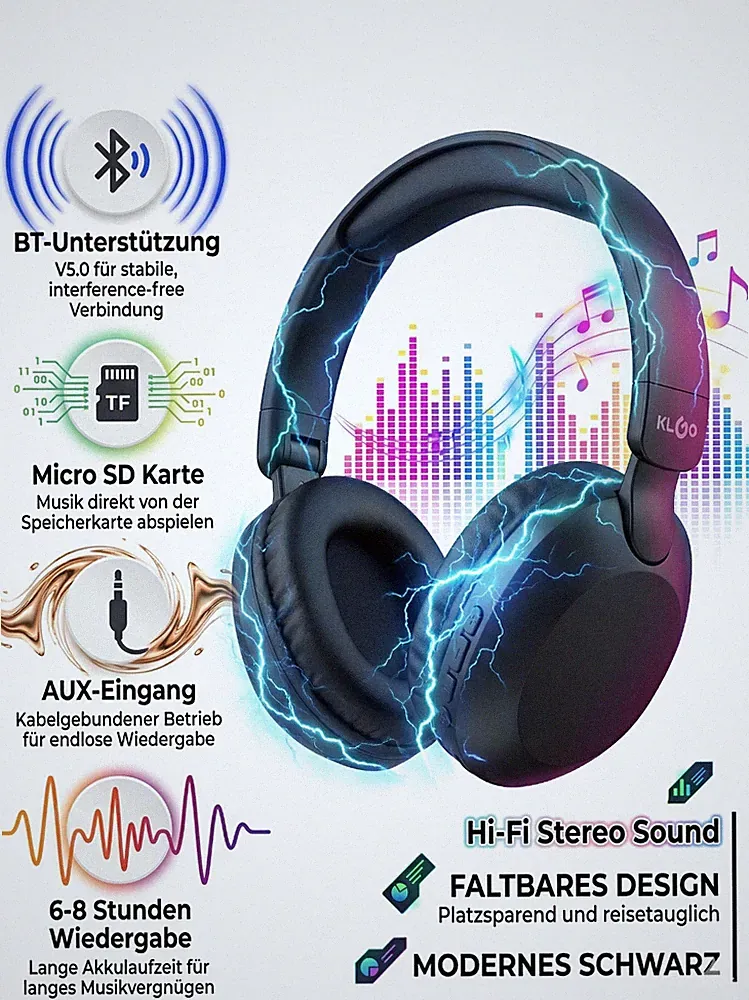 KLGO B22 Over-Ear Kopfhörer Bluetooth 5.0 kabellos faltbar Micro SD AUX 8h Akku