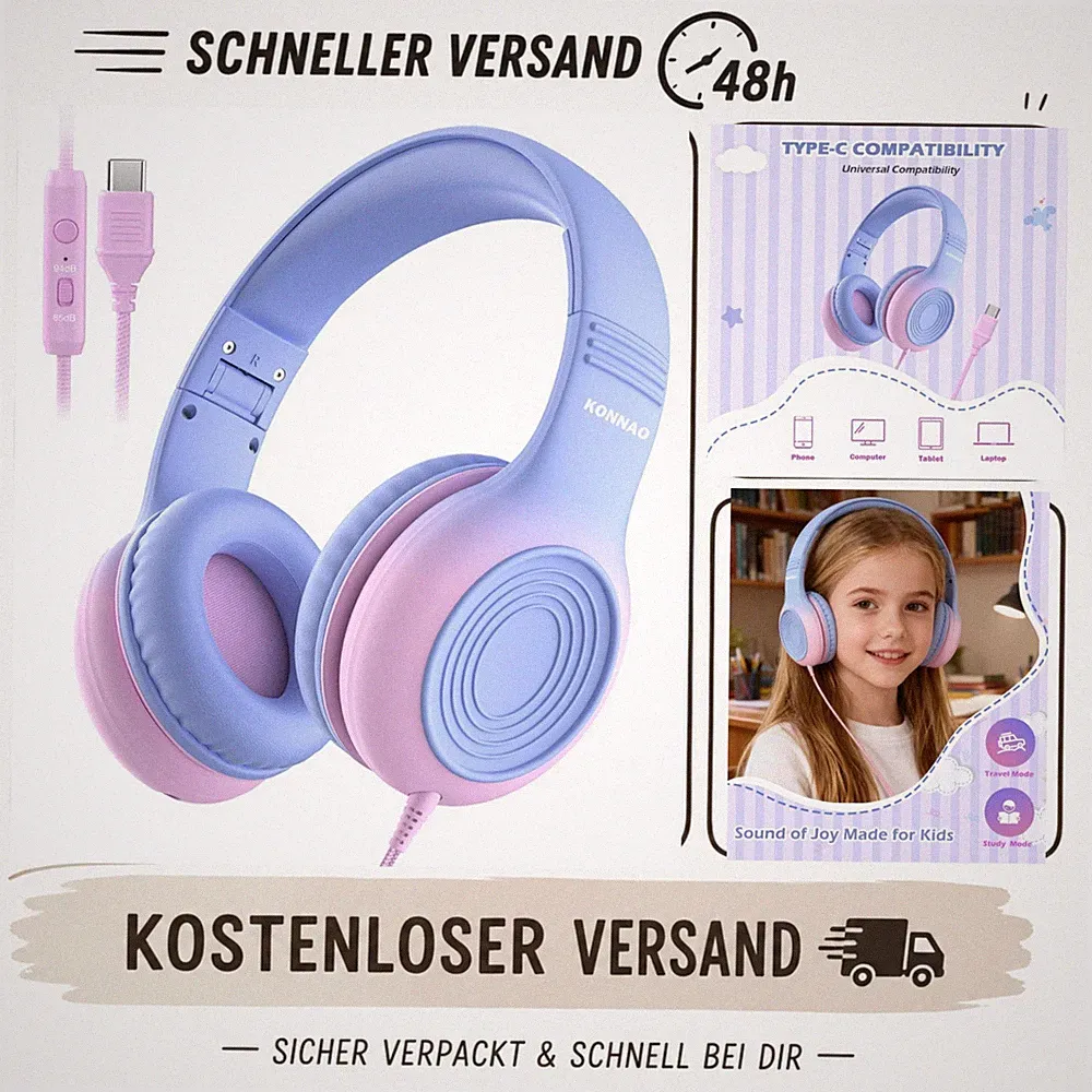 KONNAO Kinder-Kopfhörer USB-C mit Mikrofon Lautstärkebegrenzung