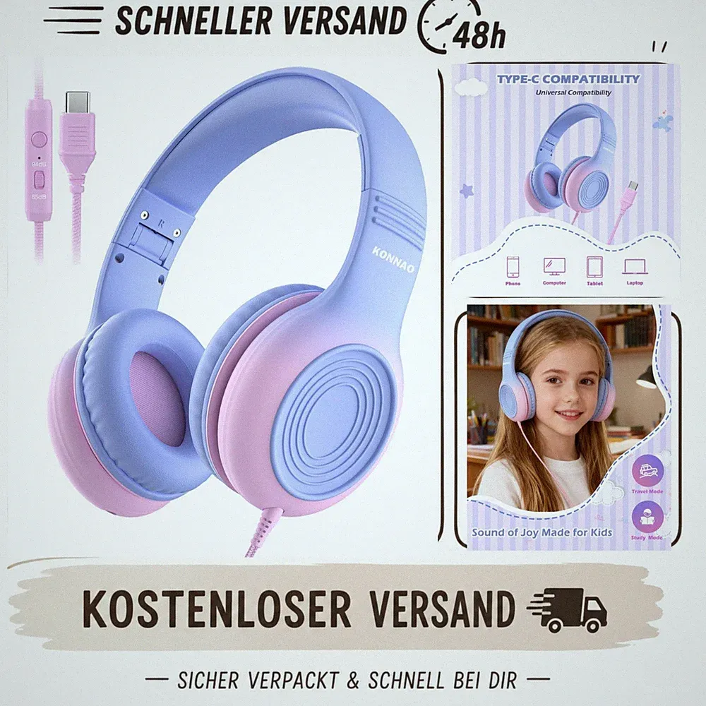 KONNAO Kinder Kopfhörer USB-C mit Mikrofon Lautstärkebegrenzung Lila