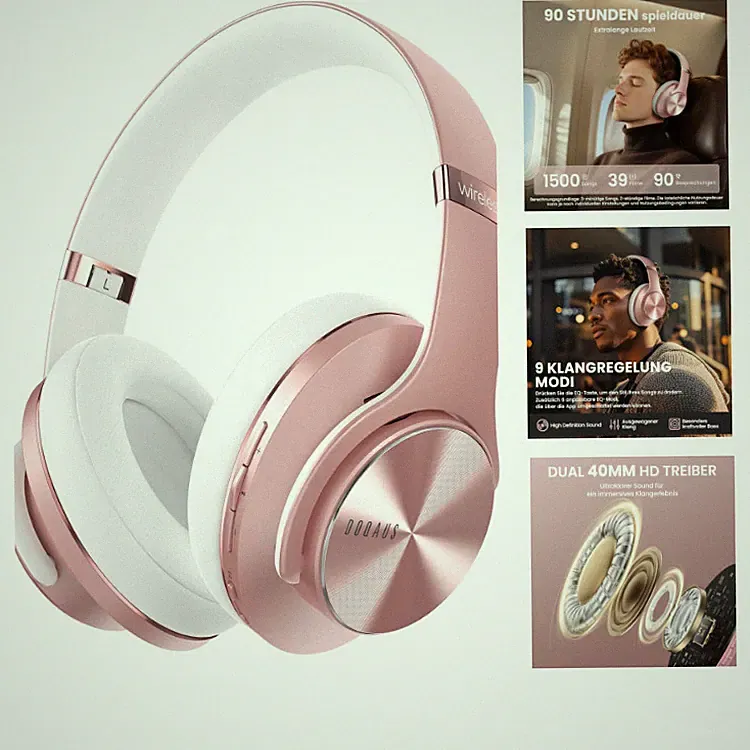 Kopfhörer Bluetooth Over Ear mit App-Steuerung, 90 Stunden Spielzeit, Roségold