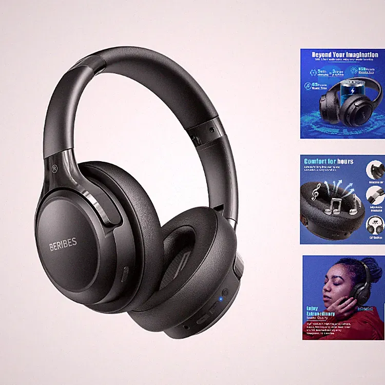 Kopfhörer Bluetooth Over Ear Schwarz 65h Akku 6 EQ-Modi 40mm Treiber BERIBES