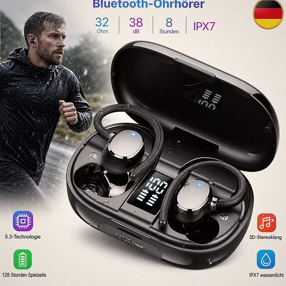 Kopfhörer In-Ear Bluetooth Kabellos Stunden Spielzeit Laufen Radfahren Schwarz