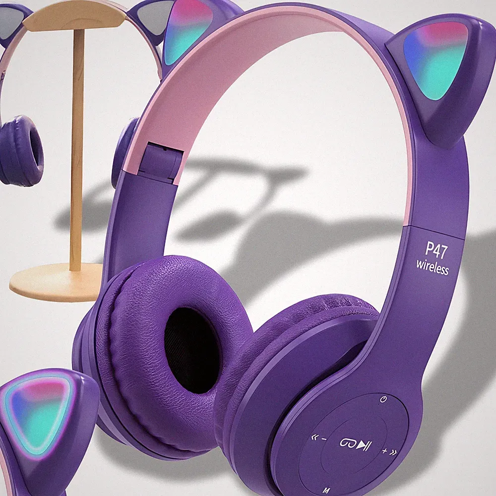 Kopfhörer Kabellos Bluetooth 5.0 RGB Katzenohr Mädchen Over-Ear Anime Lila Reto