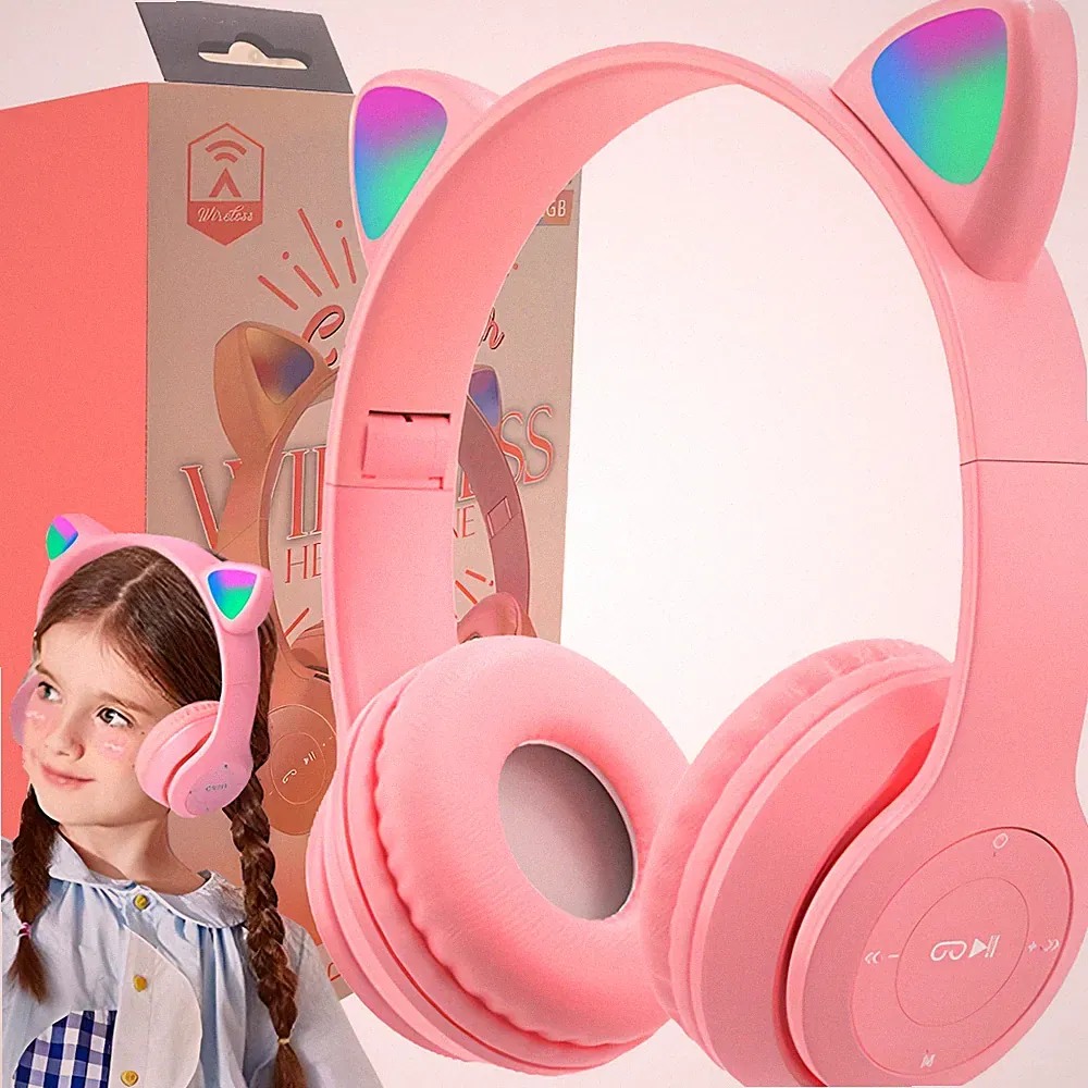Kopfhörer Kabellos Bluetooth 5.0 RGB Katzenohr Mädchen Over-Ear Anime Rosa Retoo