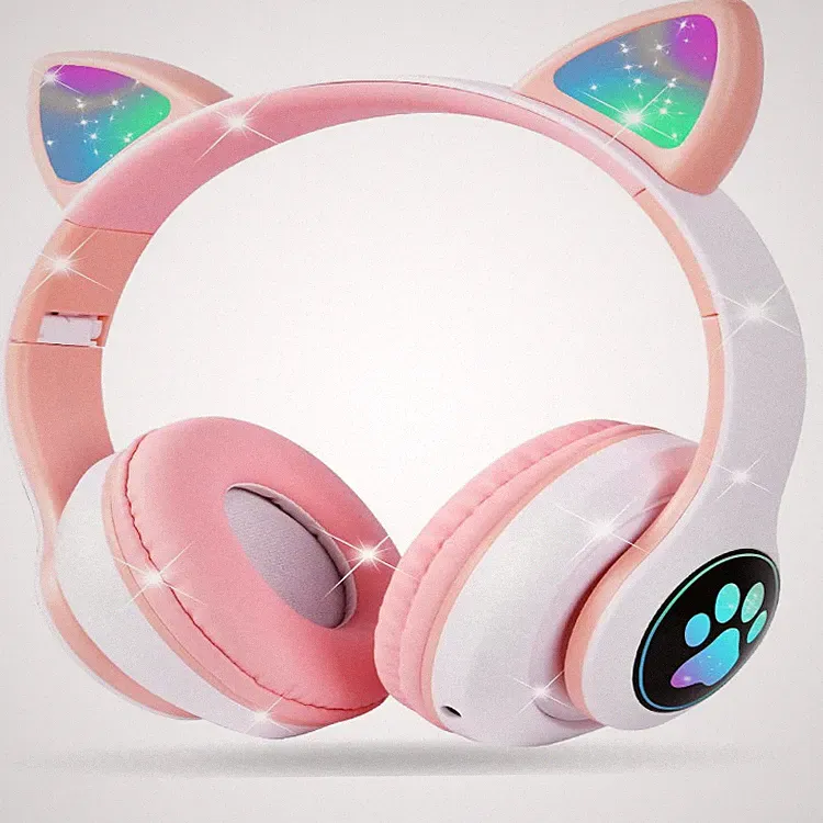 Kopfhörer Kinder Bluetooth Over-Ear Katzenohr mit LED Licht, Faltbar, Rosa 3-16