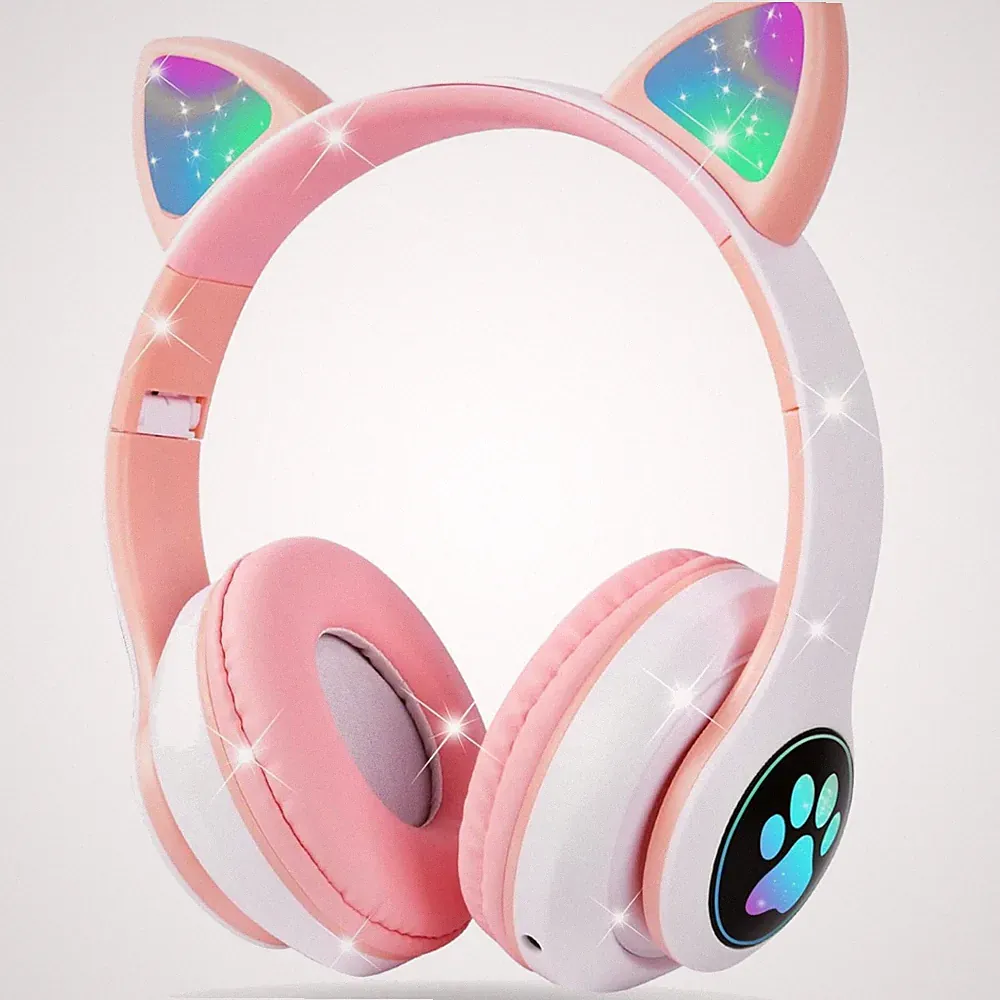 Kopfhoerer Kinder Bluetooth Over-Ear Katzenohr mit LED Licht Falten Stereo