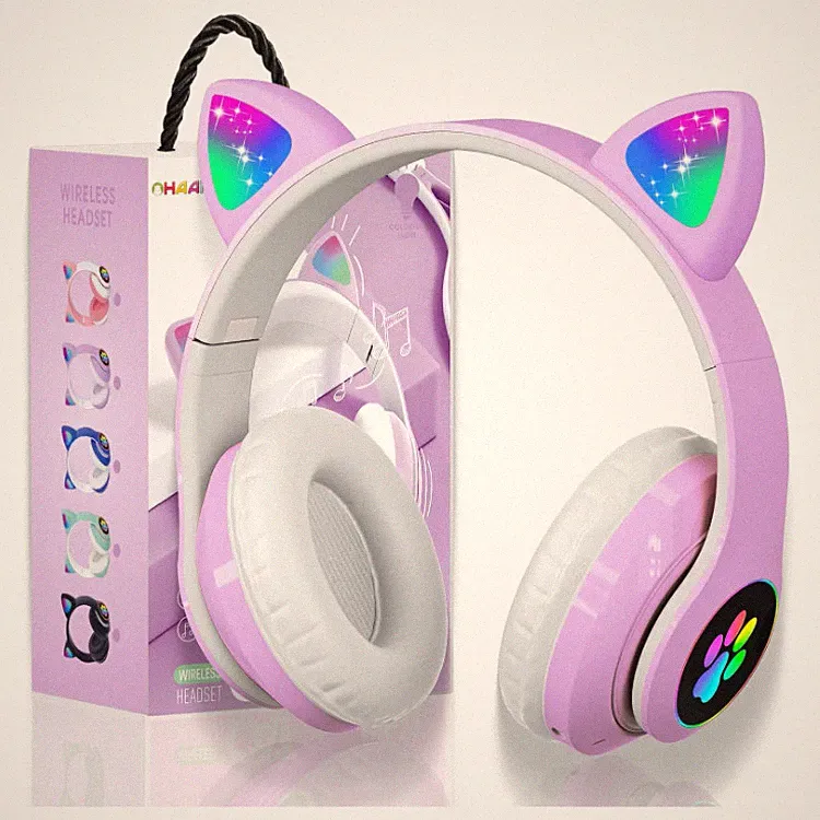 Kopfhörer Kinder Bluetooth Over-Ear mit LED Licht Faltbar Lila für Musik 3,5 mm
