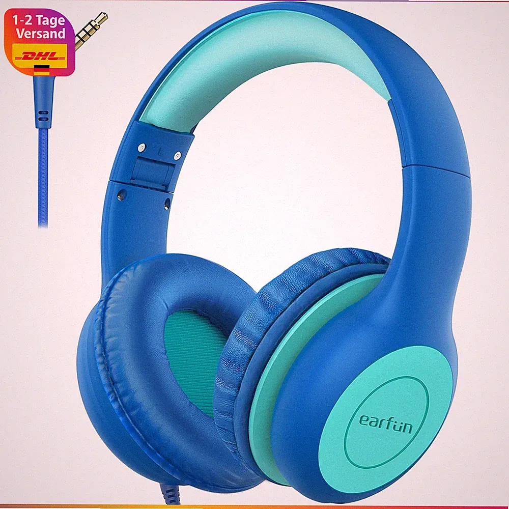 Kopfhörer Kinder mit Kabel 85dB Lautstärkenbegrenzer Faltbar Blau-Grün Over-Ear