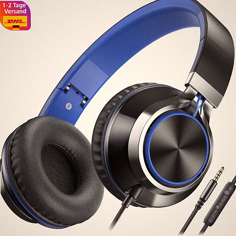 Kopfhörer mit Kabel Faltbar On-Ear 3,5mm Mikrofon Lautstärkeregler Schwarz Blau