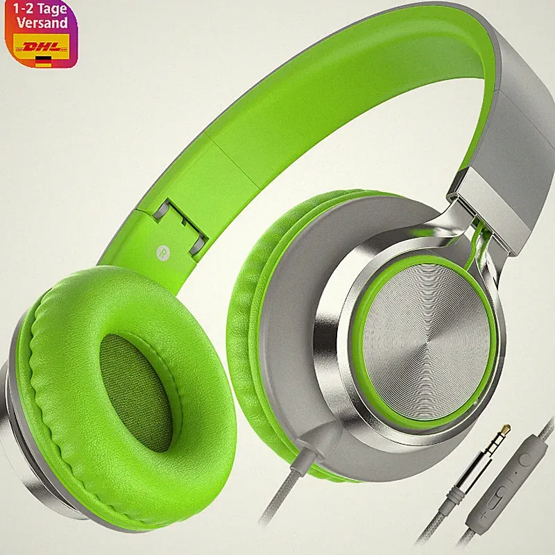 Kopfhörer mit Kabel Mikrofon Lautstärkeregler Faltbar 3,5mm On-Ear Grau Grün