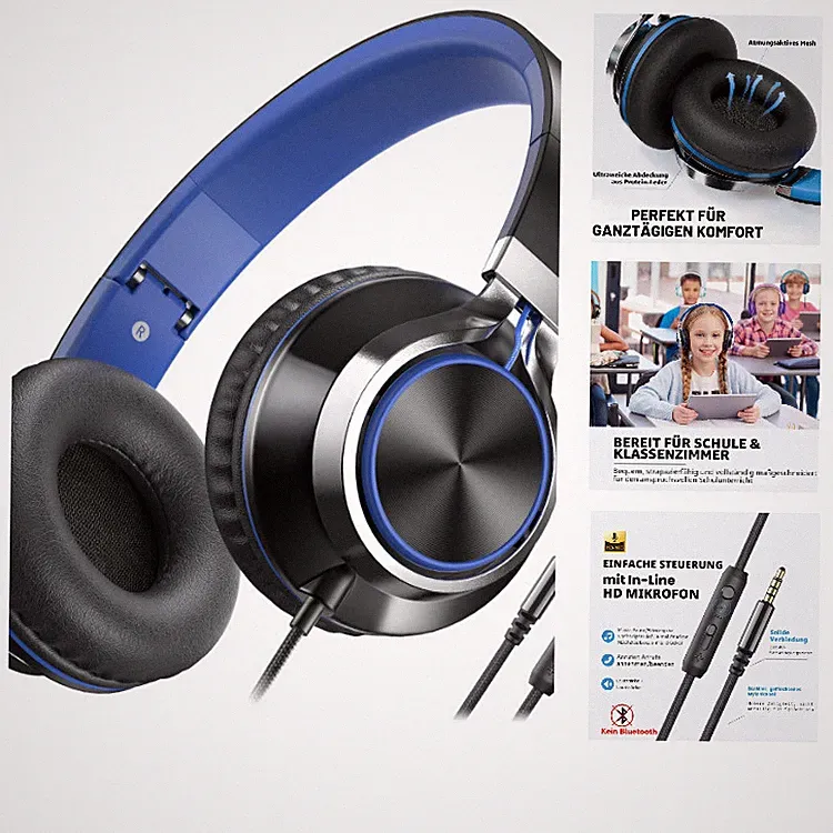 Kopfhörer On-Ear mit Mikrofon und Lautstärkeregler 3,5 mm Schwarz AILIHEN