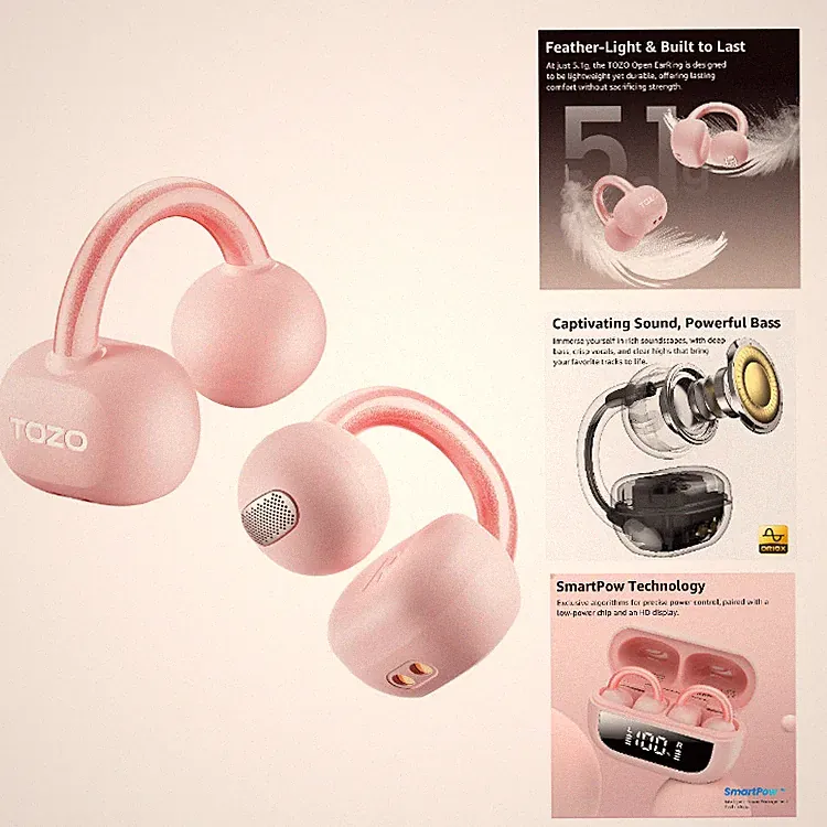 Kopfhörer T6 Kabellos Bluetooth 5.4 Rosa mit Ladehülle 40h Akku TOZO Offenes