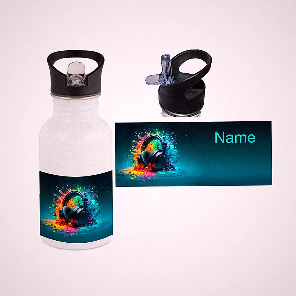 Kopfhörer Trinkflasche personalisiert m. Namen | Edelstahl 400ml, 500ml,600ml
