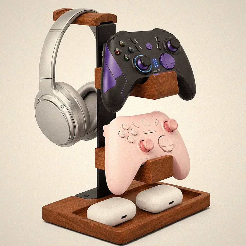 Kopfhörerhalter Controller Halterung Holz Gaming Ständer Tisch Headset Braun