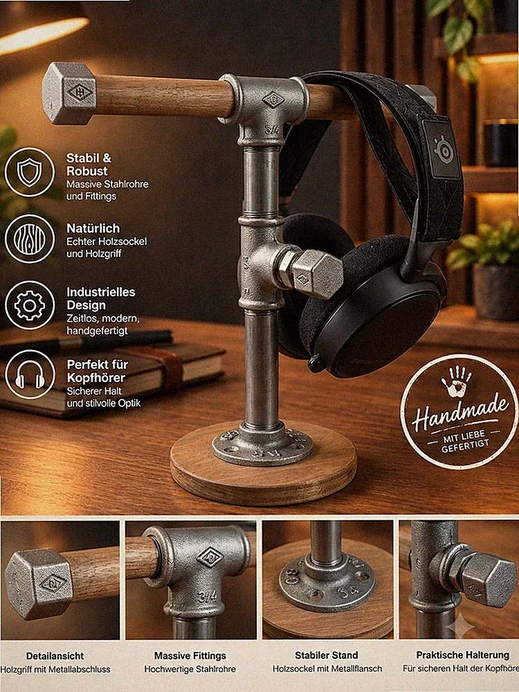 Kopfhörerständer Industrial Temperguss Holz Headset Gaming Handmade Geschenk