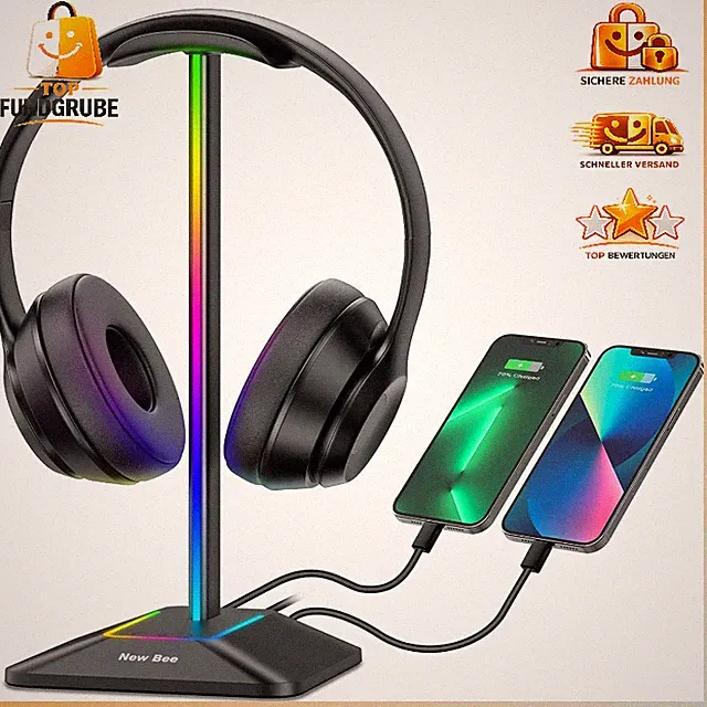 Kopfhörerständer RGB mit USB Typ-C Ladegerät Halter Schwarz Gaming Zubehör